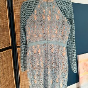 Barneys New York Blue Lace Long Sleeve Dress